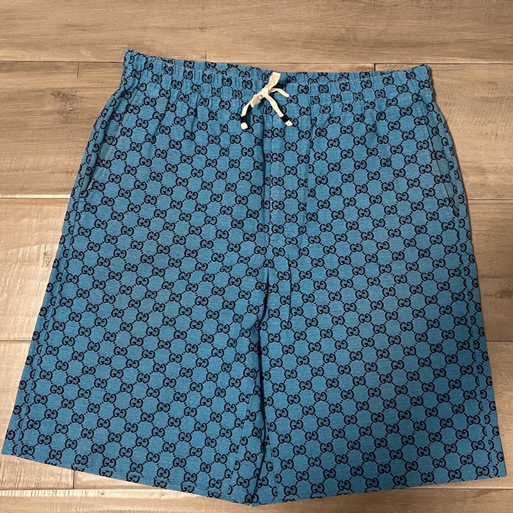 GUCCI - Wide-Leg Logo-Jacquard Cotton-Blend Canvas Drawstring Shorts - Blue